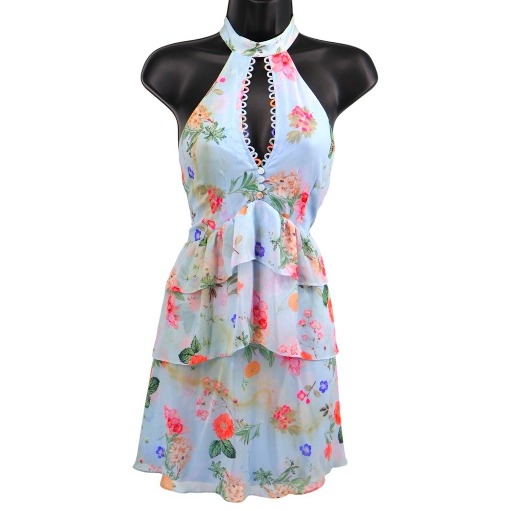 Express Floral Halter Mini Dress Womens 4 Blue Ruffle‎ Wedding Guest NWT